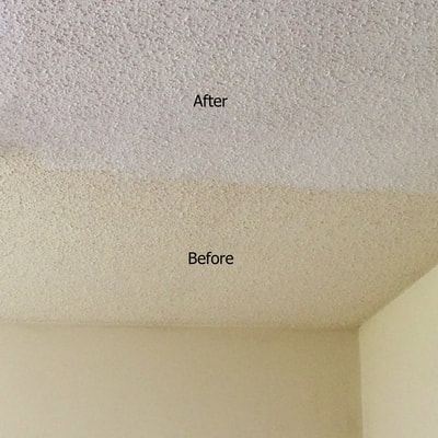 before and after image of a room ceiling being repainted white, bringing the ceiling back to life