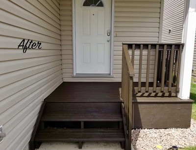 after image of front deck with steps and wood floor painted dark brown, with new paint coat on railing and foundation skirt