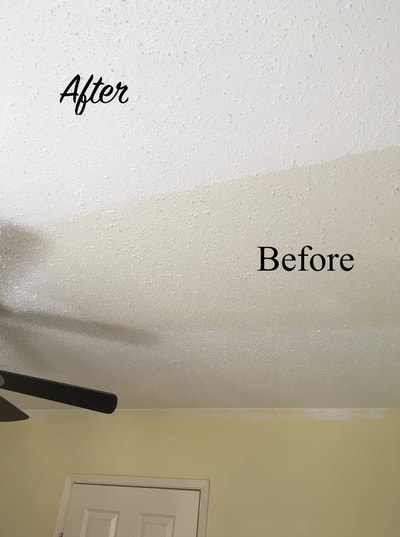before and after image of ceiling with fresh coat of white paint, making it look brand new