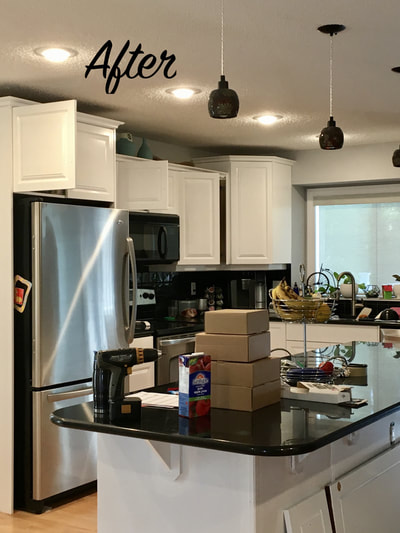 after image of large kitchen with professionally painted into a modern white interior